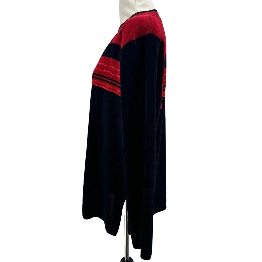 Exclusively Misook Women's Black Red Long Sleeve Open Front Knit Cardigan Large